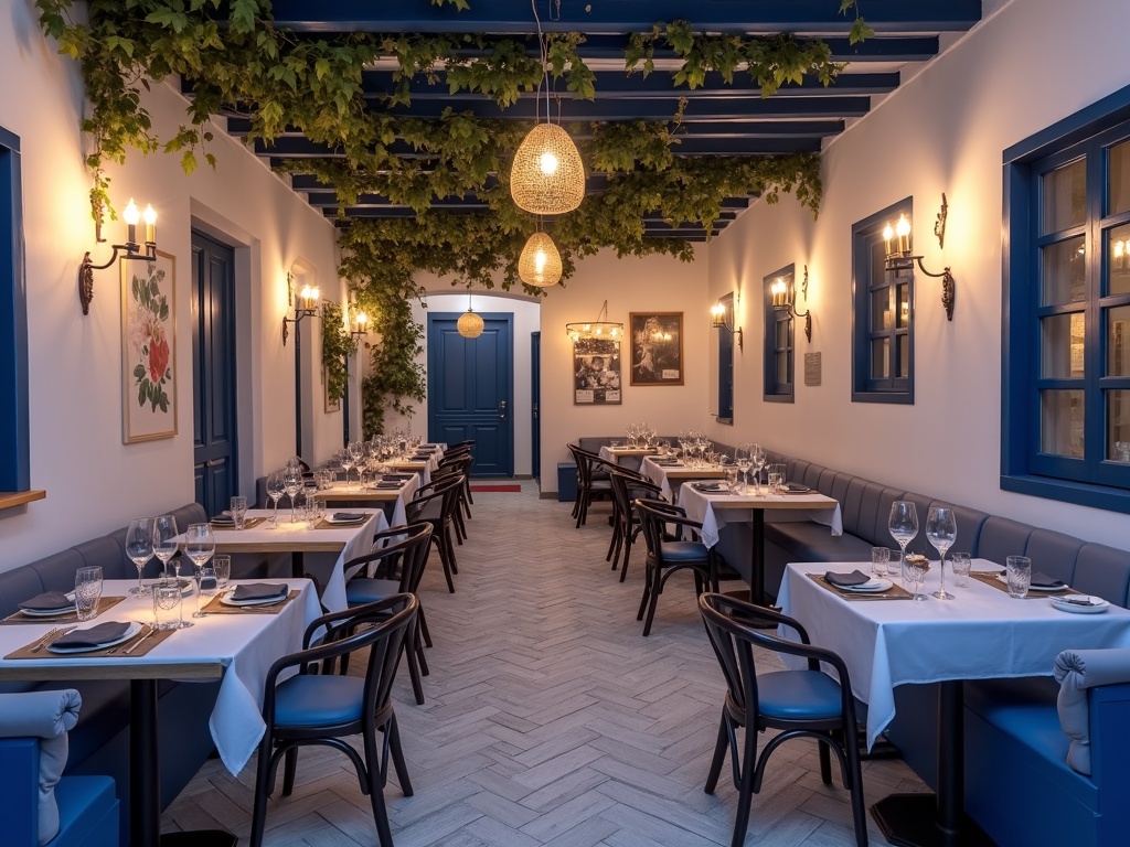 Gemütlicher Innenraum der Taverna Meltemi mit weiß getünchten Wänden und blauem Holz